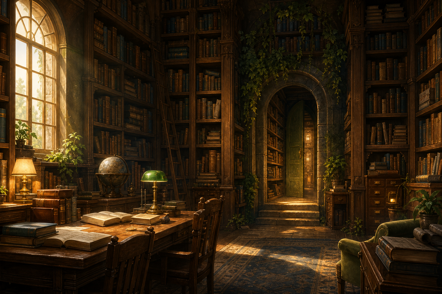Warm old library with a hidden doorway